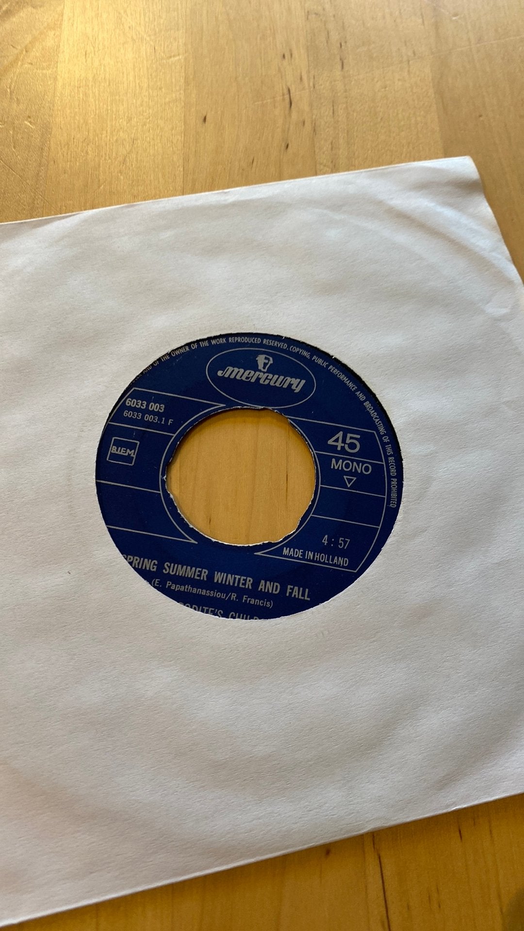 Vinyl single Aphrodite’s Child Spring summer winter and fall, Ophalen of Verzenden, Zo goed als nieuw, Pop