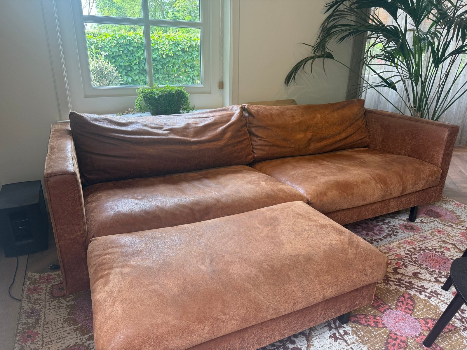 Comfortabele hoekbank met poef - 220x140 cm, Ophalen, Bank met poef, Gebruikt, 125 tot 150 cm