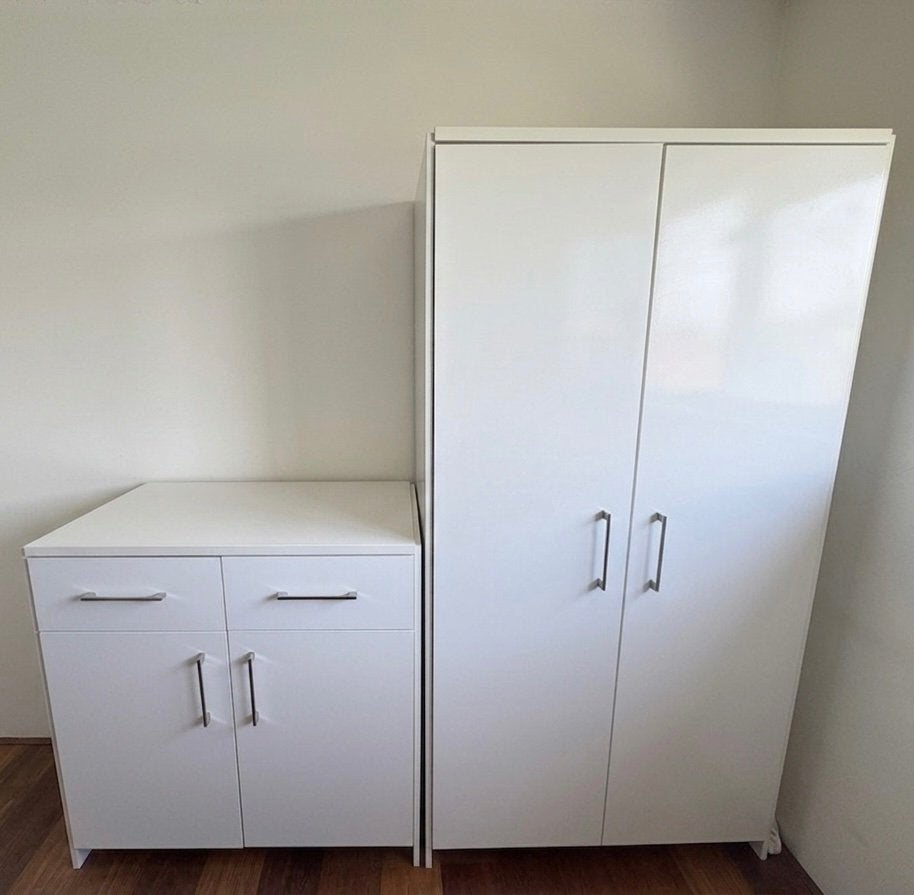 Witte kledingkast & witte commode (lage opbergkast), Huis en Inrichting, Kasten | Kledingkasten, Ophalen, Met deur(en), 50 tot 100 cm
