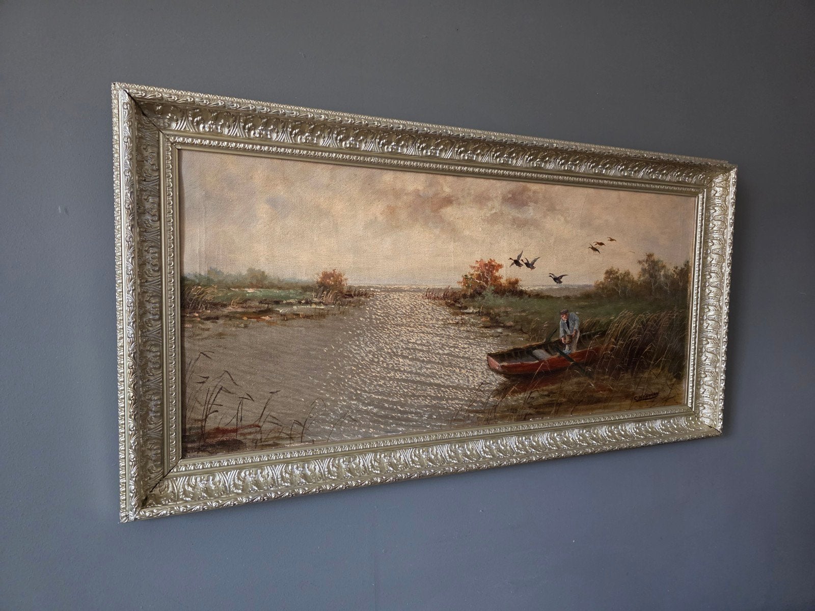 Schilderij Waterlandschap met man boot opvliegende ganzen, Antiek en Kunst, Ophalen of Verzenden