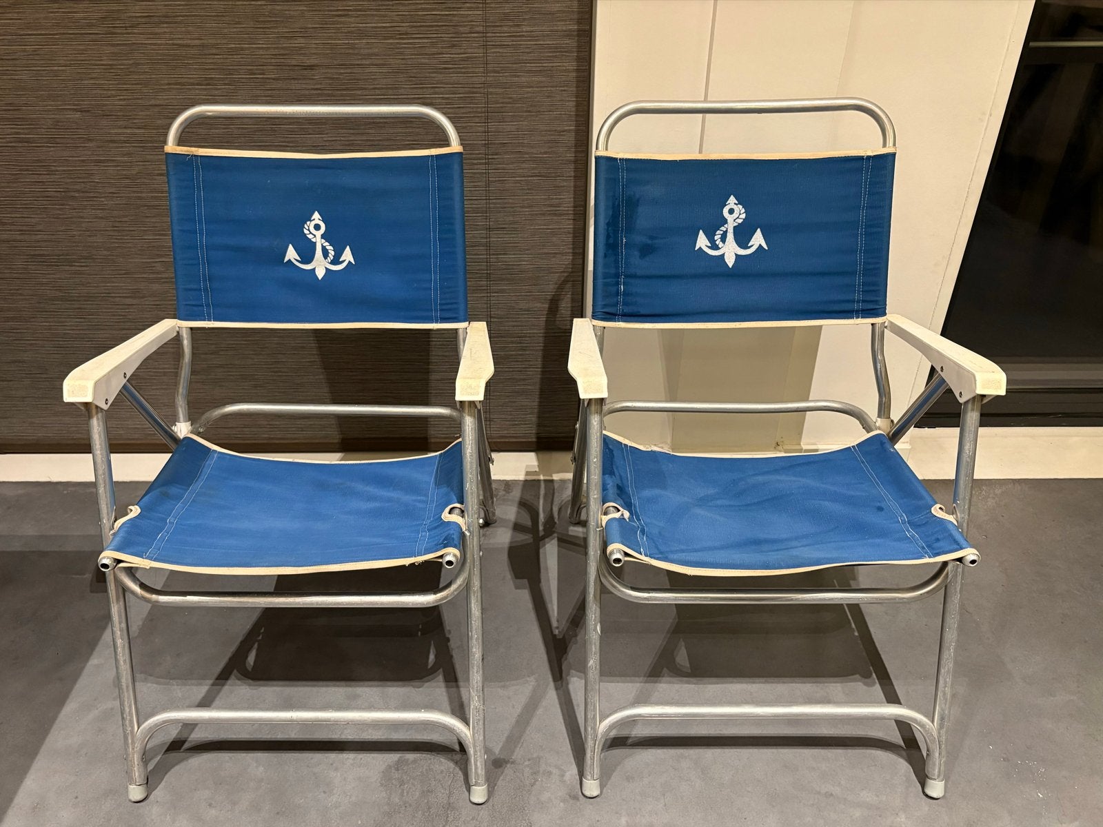 2 Vintage Opvouwbare (Camping)stoelen met Ankerprint - Blauw, Antiek en Kunst, Ophalen of Verzenden