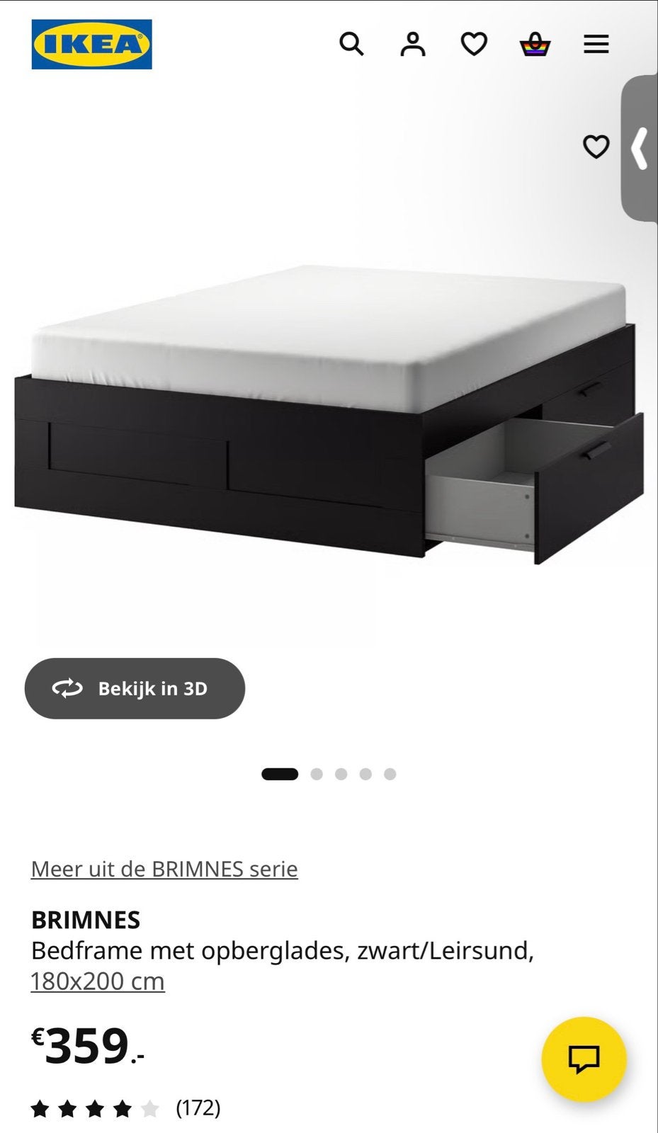 IKEA BRIMNES Bedframe met opberglades, zwart, 180x200 cm, Ophalen, Zwart, Tweepersoons, Zo goed als nieuw