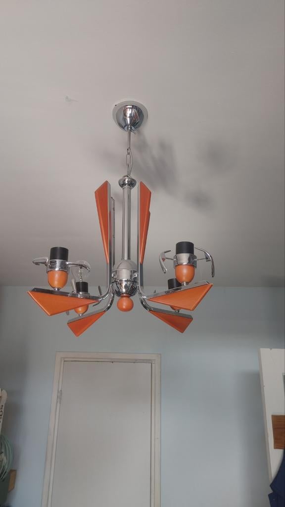 Vintage Oranje en Chroom Hanglamp - Jaren '60 Stijl, Ophalen of Verzenden, Gebruikt, Overige materialen, Vintage, Mid-century Modern, Jaren '60