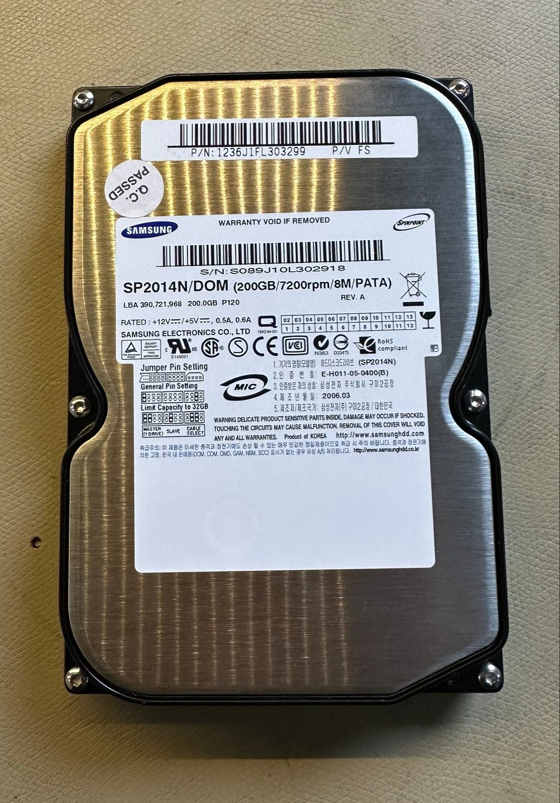 Samsung SP2014N 200GB PATA HDD - 7200rpm, 8MB cache, Computers en Software, Intern, Gebruikt, PATA, HDD