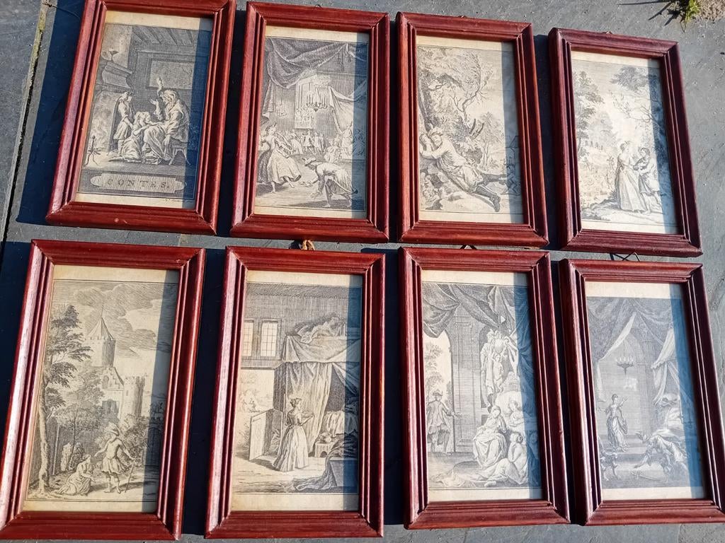 8 ingelijste sprookjesprenten, ca. 1750, Antiek en Kunst, Kunst | Etsen en Gravures, Ophalen of Verzenden