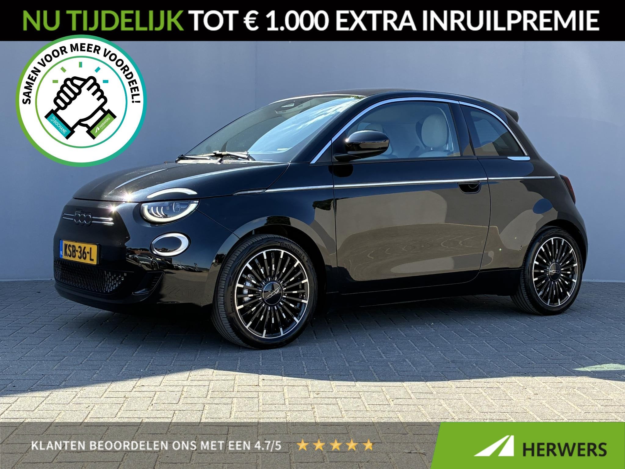Fiat 500e La Prima 42 kWh / SOH 94% / Apple Carplay/Android, Auto's, Gebruikt, 118 pk, 4 stoelen, Zwart