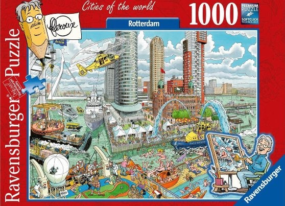 2 legpuzzels 1000 stukjes: Rotterdam en papegaai (velours), Ophalen of Verzenden, 500 t/m 1500 stukjes, Zo goed als nieuw, Legpuzzel