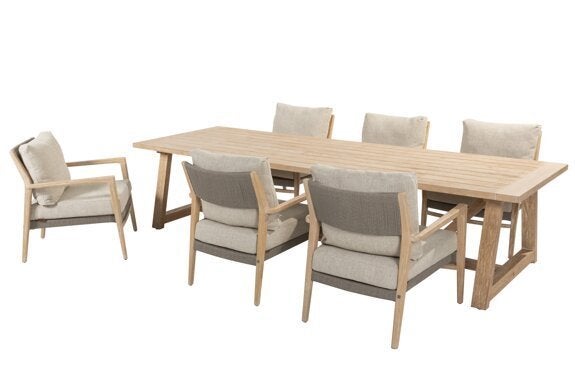 Julia low dining stoelen + Noah low dining tafel 300 x 100 c, Niet ingevuld, 6 zitplaatsen, Nieuw, Ophalen of Verzenden
