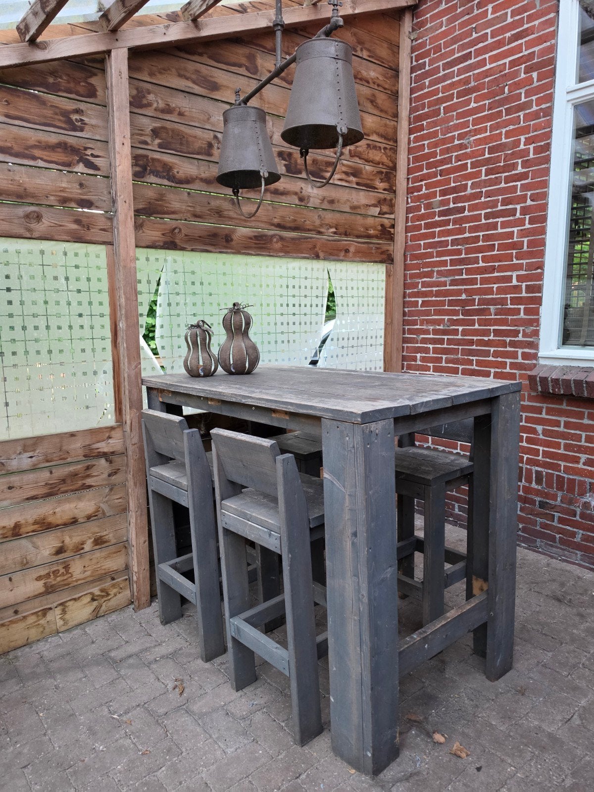 Stevige bartafel met 6 bijpassende barkrukken, Huis en Inrichting, Ophalen, 90 cm of meer, Hout, Gebruikt