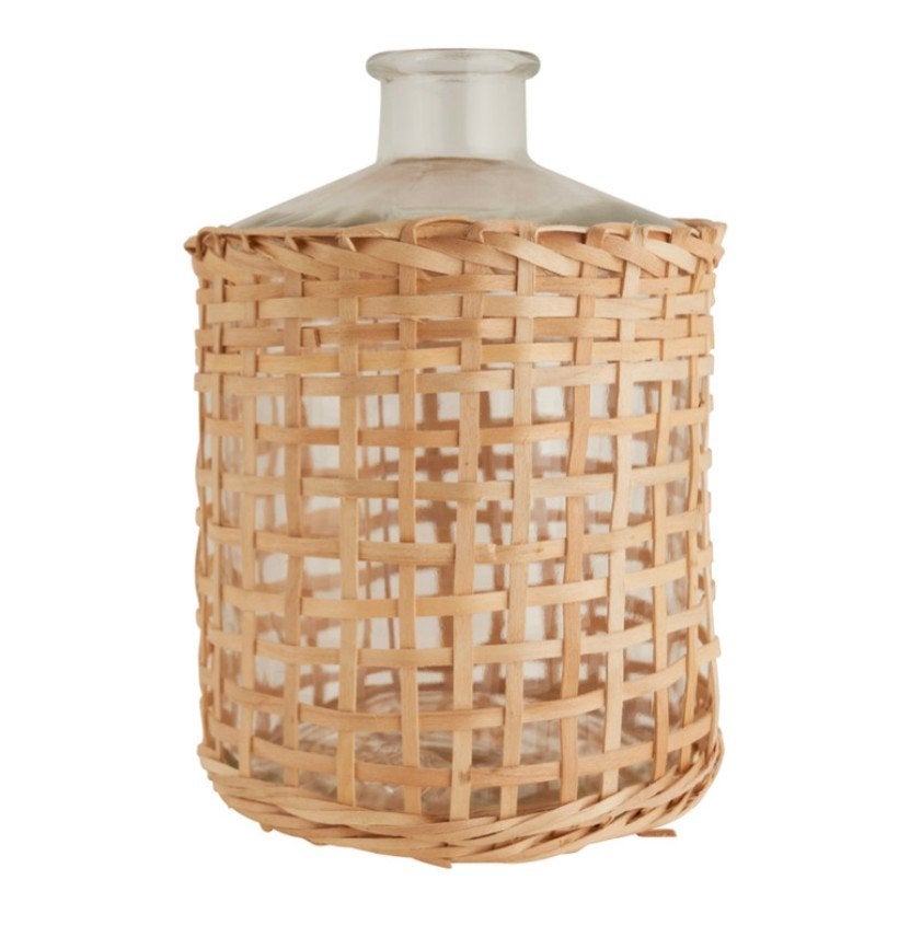 Glazen vaas met rotan omhulsel, Ophalen of Verzenden
