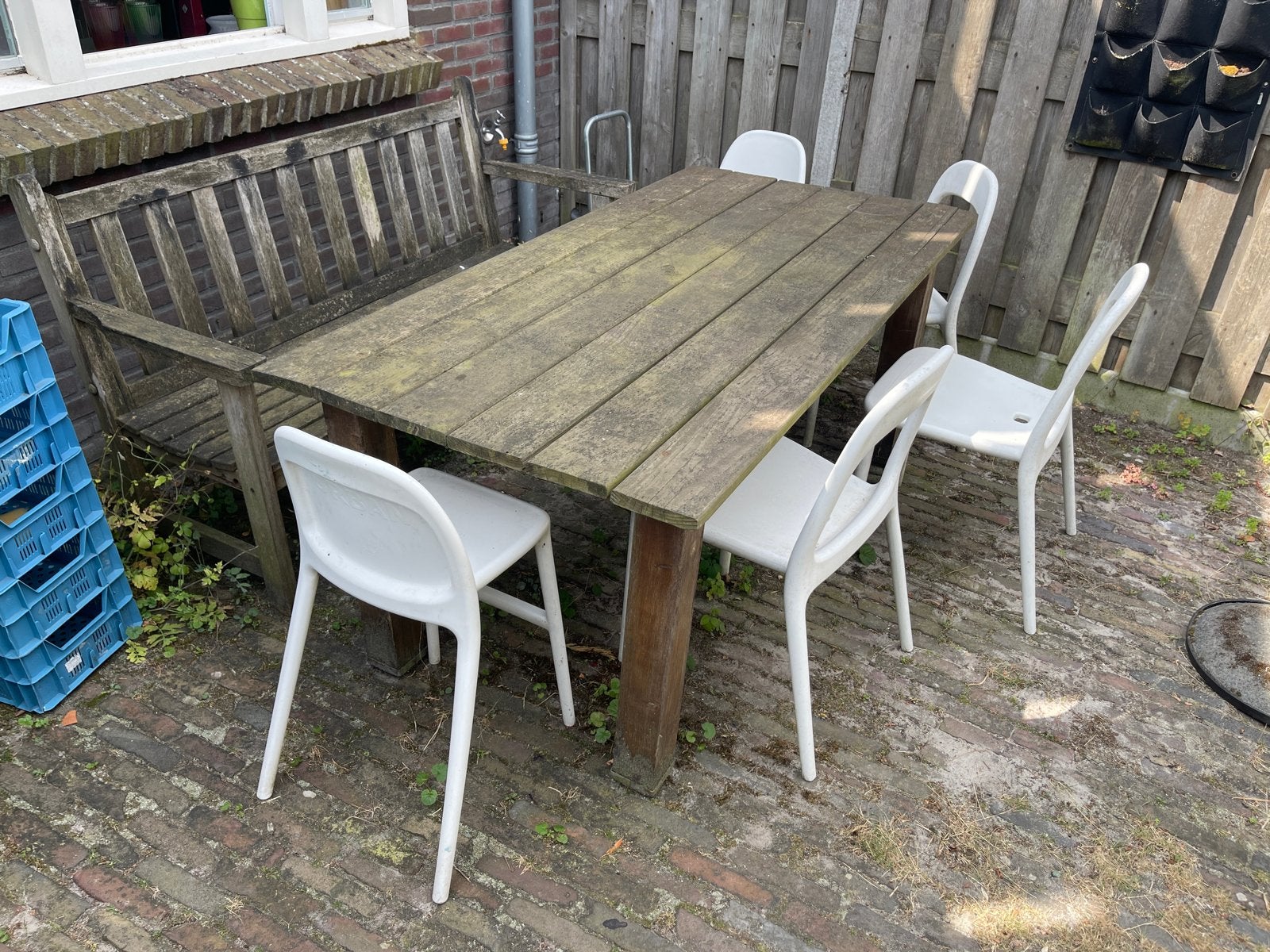 Houten tuintafel met stoelen - ook los mee te nemen, Tuin en Terras, Tuinsets en Loungesets, Ophalen, Gebruikt, Eettafel, 6 zitplaatsen