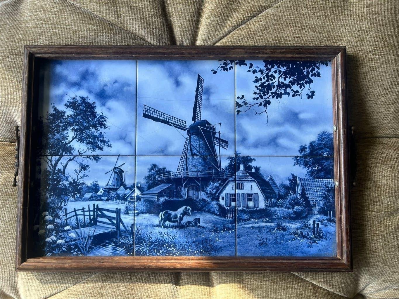 Vintage Delftsblauwe Tegels / Houten Dienblad Gesigneerd., Huis en Inrichting, Gebruikt, Ophalen of Verzenden, Dienblad, Afneembaar