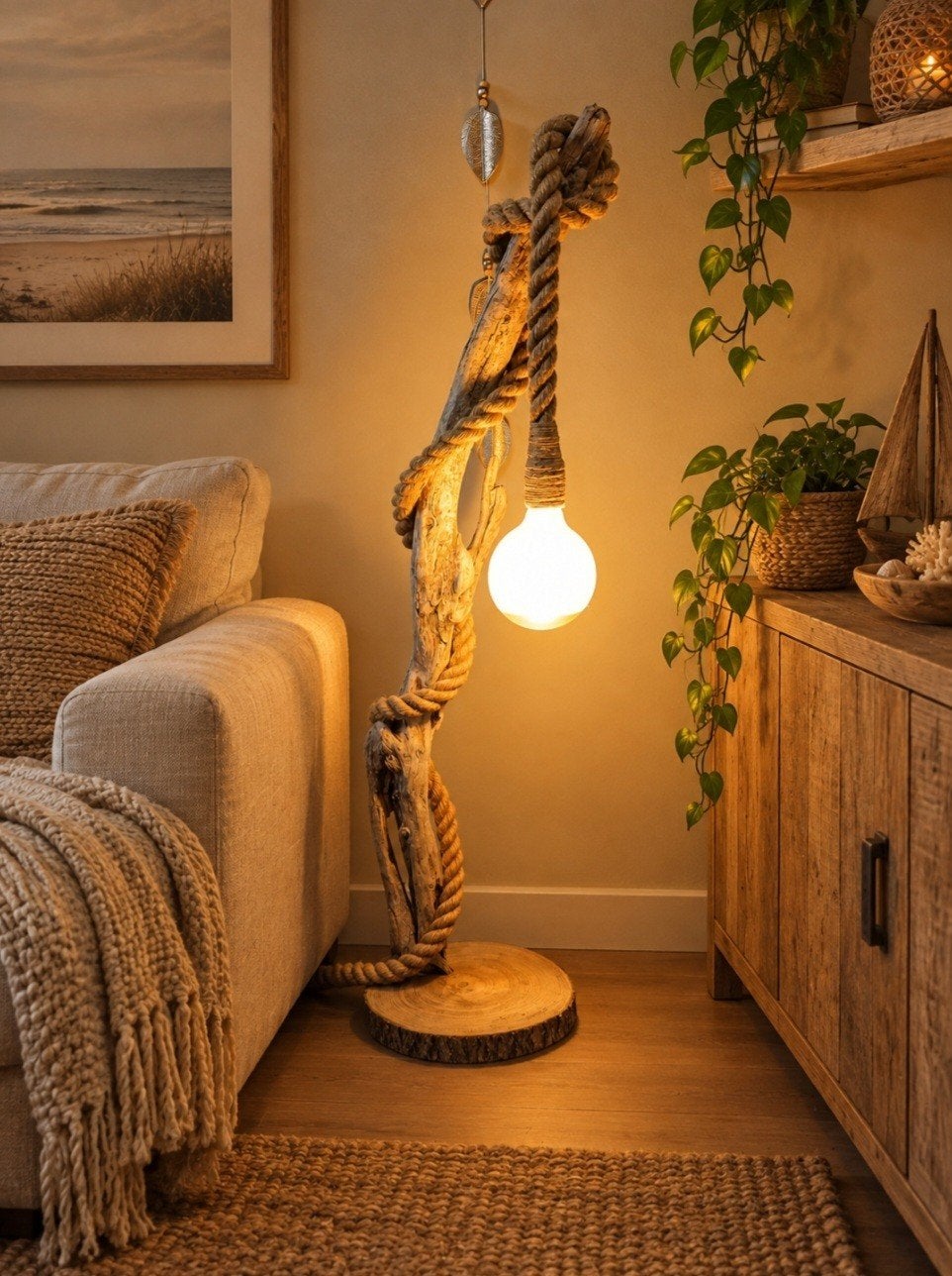Landelijke staande lamp van drijfhout, Nieuw, Landelijk, Handgemaakt, Hout