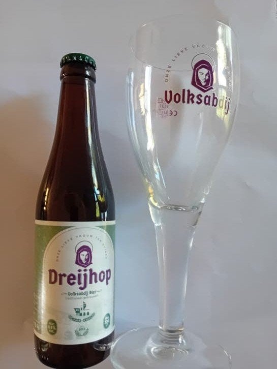 Volksabdij DREIJHOP bierglas met fles bier en viltje, Ophalen of Verzenden
