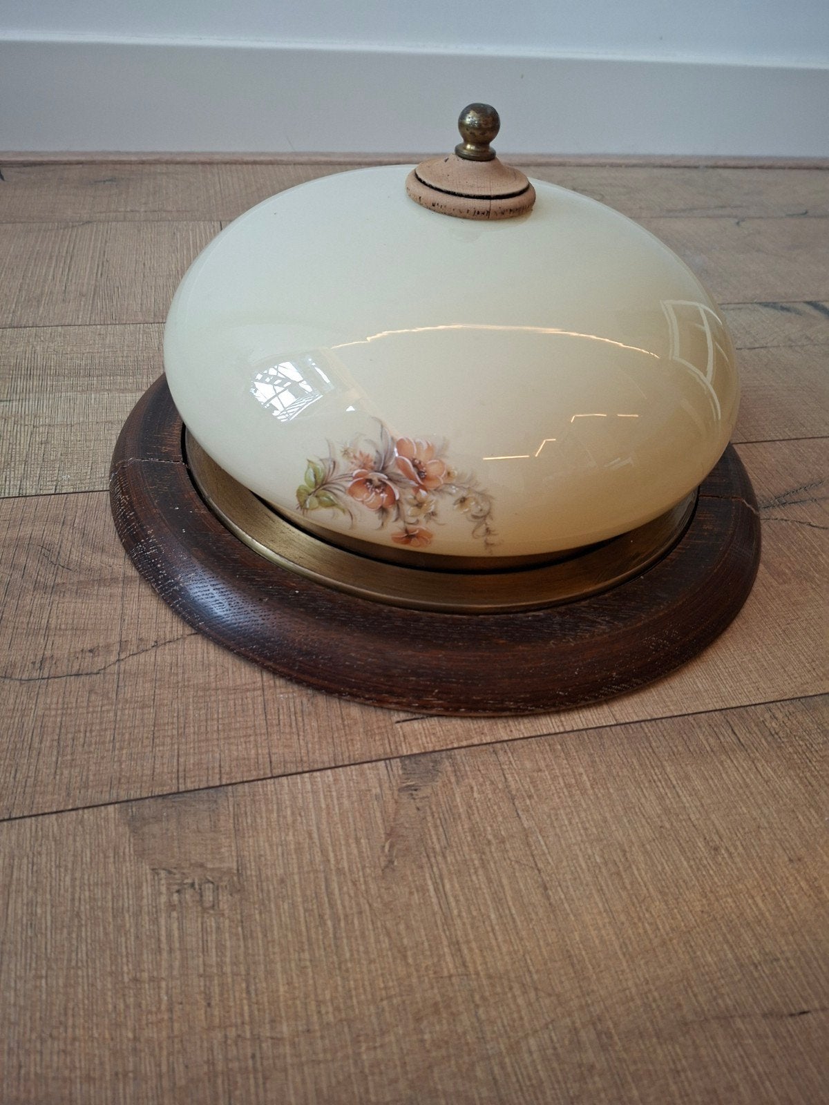 Vintage Plafondlamp Hout & Glas - Bloemmotief - Ø 38cm, Gebruikt, Vintage, Glas, E27 (groot)