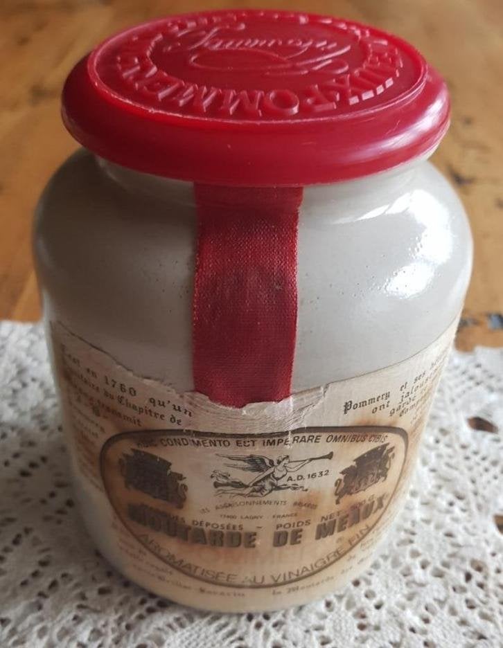 Franse brocante gres mosterdpot met deksel & shabby etiket, Ophalen of Verzenden