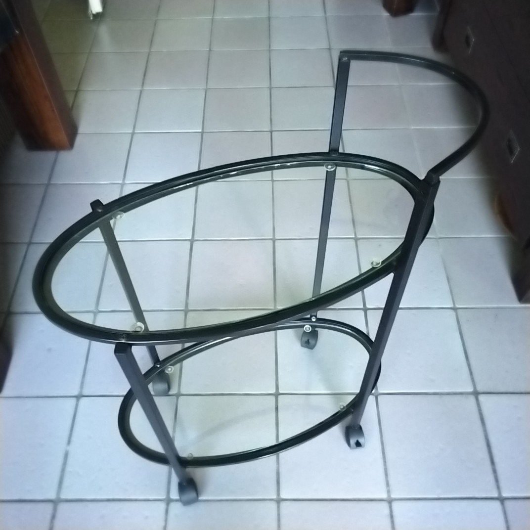 Ovalen glazen  serveer/ bijzettafel met wieltjes, Ophalen, Ovaal