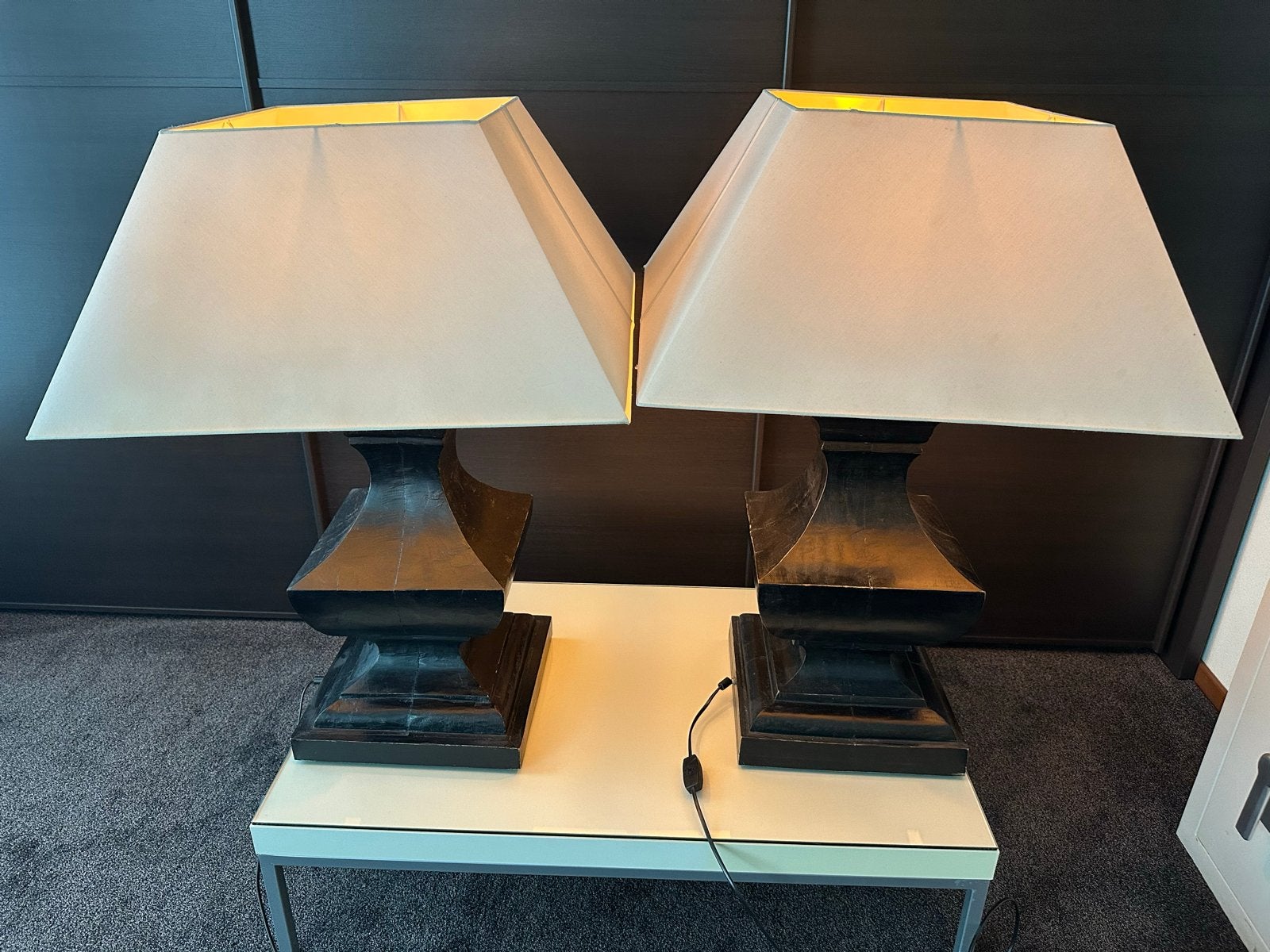 Set van 2 klassieke tafellampen met stoffen kap, Huis en Inrichting, Ophalen, Gebruikt, E27 (groot), 95 cm