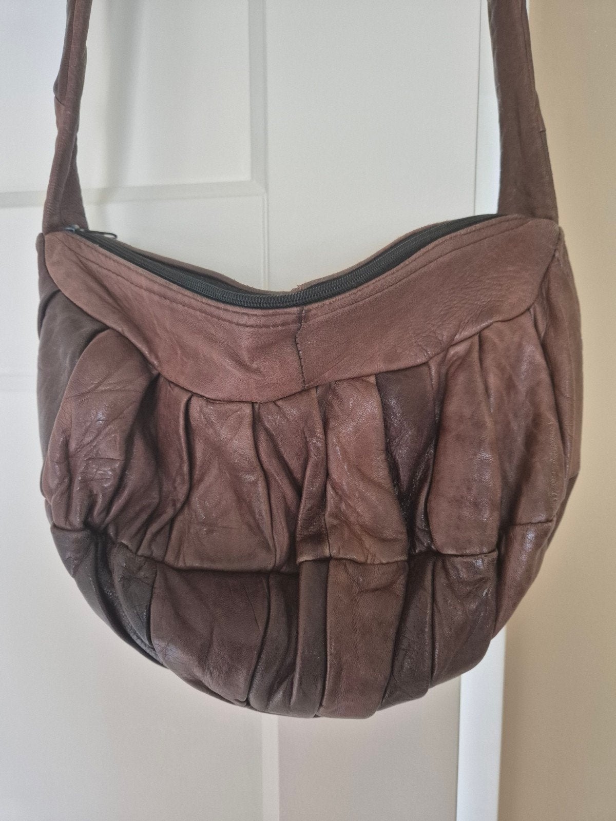 Vintage patchwork leren tas, Ophalen of Verzenden, Gebruikt, Bruin, Schoudertasje