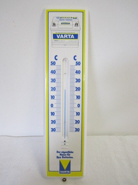 KUNSTSTOF RECLAME THERMOMETER"VARTA ACCU'S"UIT JAREN 70/80, Ophalen of Verzenden, Zo goed als nieuw, Reclamebord
