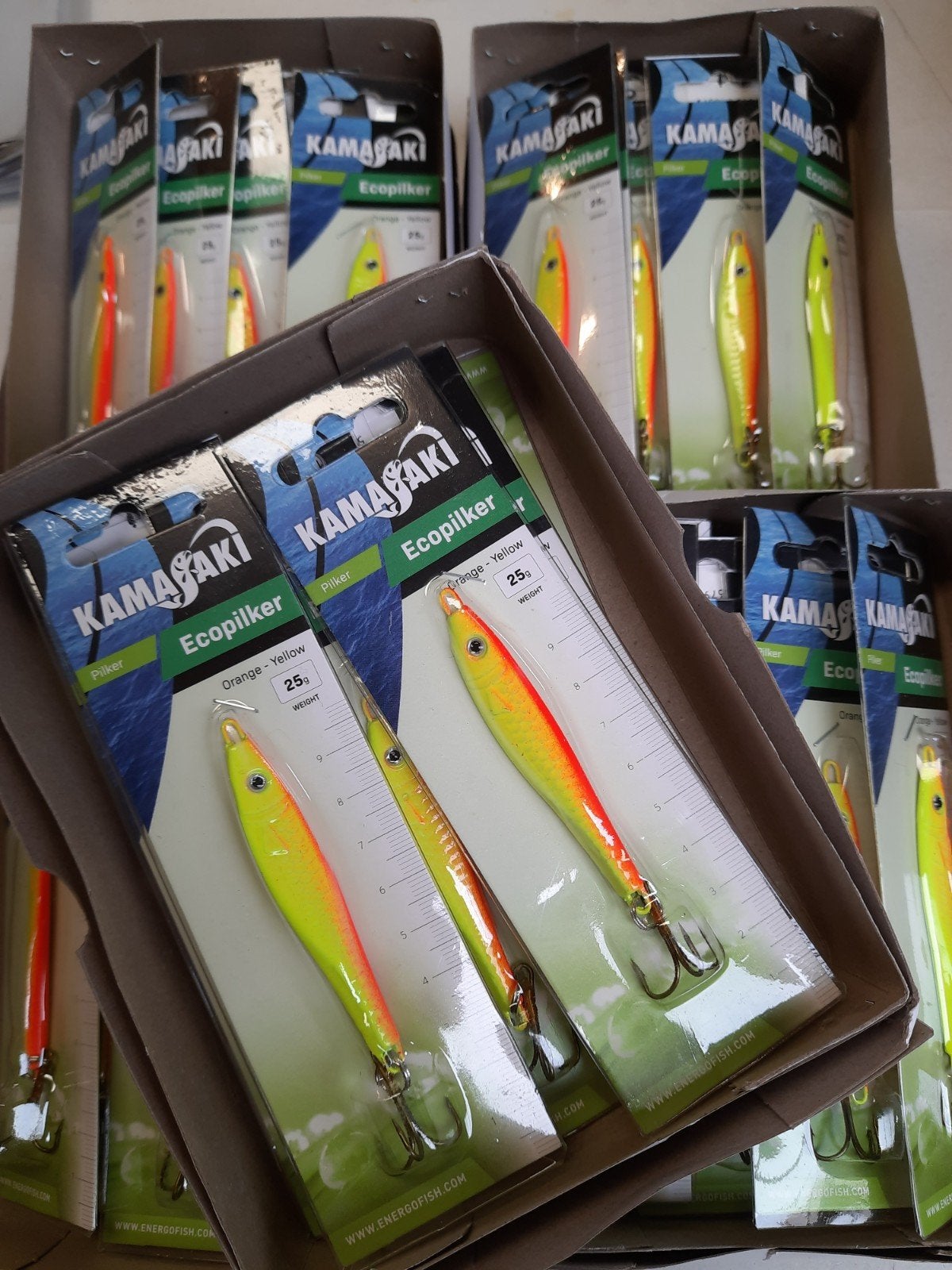 partij van 50 fluor oranje/gele pilkers 25gram, Info@kamasaki.com, Overige typen, Nieuw, Ophalen of Verzenden