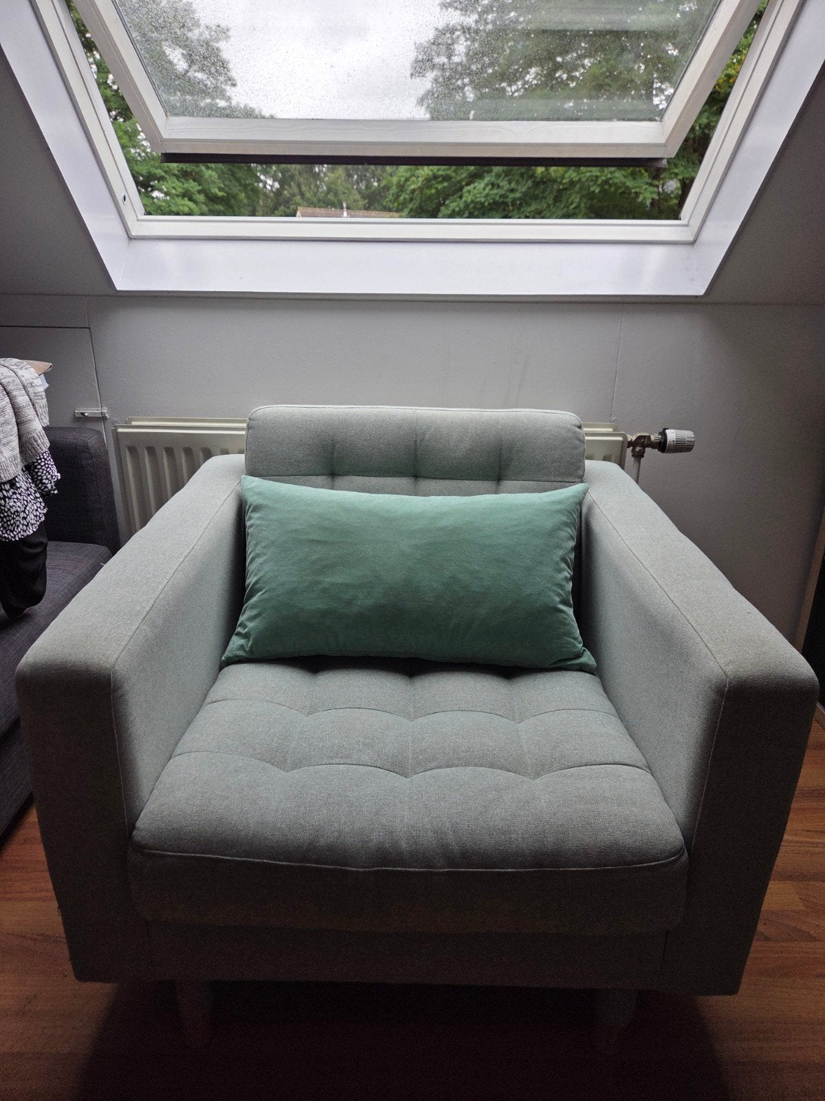 IKEA LANDSKRONA fauteuil – grijs – inclusief groen kussen, Ophalen, Gebruikt, Eenpersoons, 75 tot 100 cm