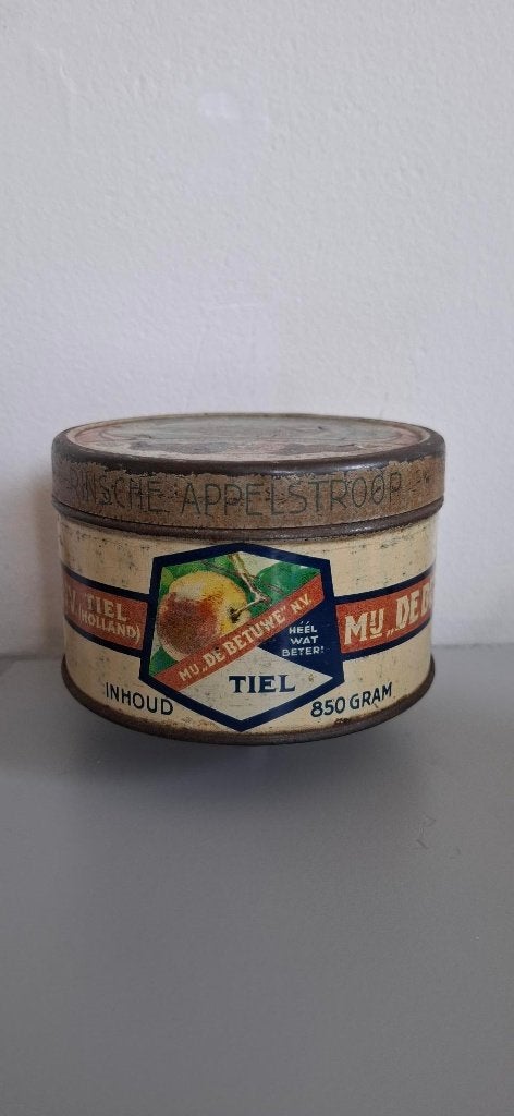 De Betuwe appelstroopblikje 850 gr, Verzamelen, Blikken, Ophalen of Verzenden, Gebruikt, Overige, Overige merken