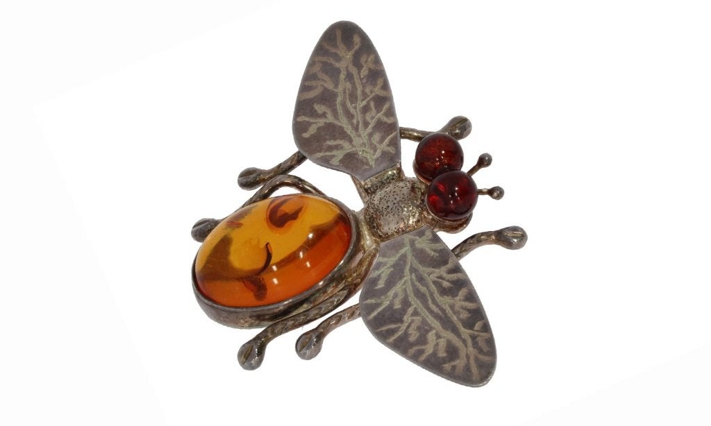 Barnsteen vlieg bij zilveren vintage broche handgemaakt, Ophalen of Verzenden, Zilver, Broche, Met edelsteen