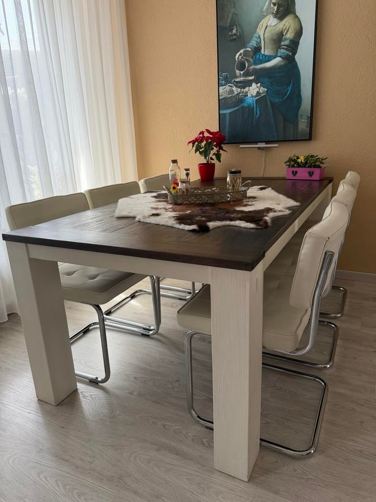 Eettafel met 6 stoelen - uitschuifbaar en salontafel, Ophalen, Gebruikt, 100 tot 150 cm, Vijf personen of meer