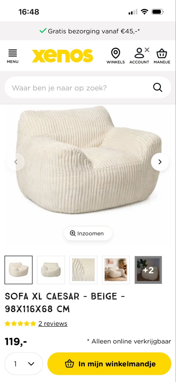 Zo goed als nieuwe XL Caesar zitzak sofa - beige - Xenos, Huis en Inrichting, Ophalen, 100 tot 125 cm, Zo goed als nieuw, 75 tot 100 cm
