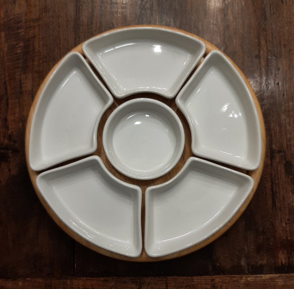 😋Vintage: Lazy suzan borrelplank - Keramische bakjes🏷️€18-, Hout, Snij-/serveerplank, Nieuw, Ophalen of Verzenden