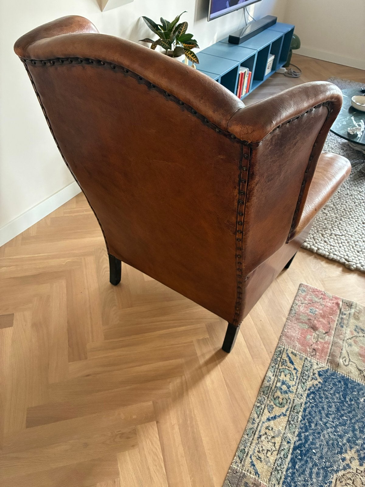 Schapen Leren Oorfauteuil in goede staat, Huis en Inrichting, Fauteuils, Ophalen, Gebruikt, Leer, 75 tot 100 cm