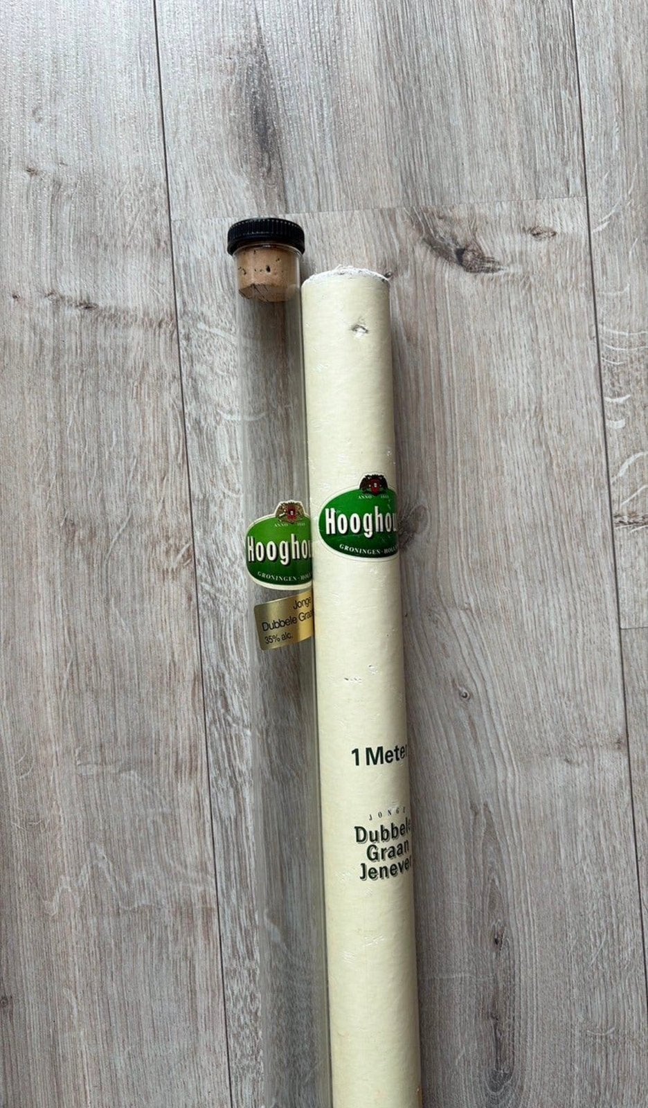 Hooghoudt dubbele graan jenever 1m  lange buis (leeg), Verzamelen, Ophalen of Verzenden, Zo goed als nieuw, Borrel- of Shotglas