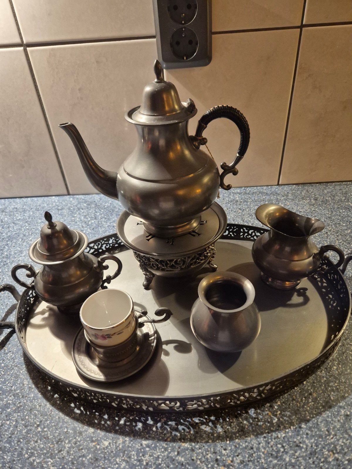 Antiek tinnen theeservies met dienblad, Antiek en Kunst, Antiek | Tin, Ophalen
