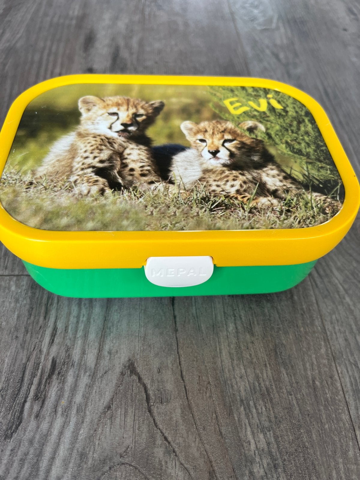 Mepal lunchbox met cheeta's en naam Evi, Diversen, Ophalen of Verzenden, Gebruikt