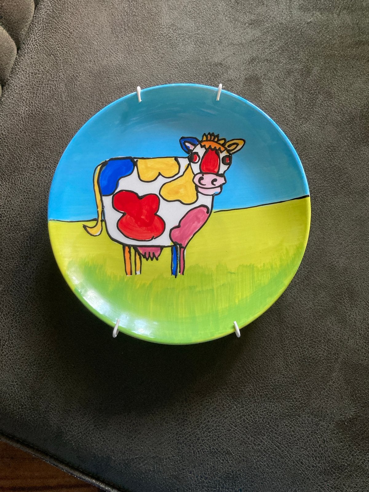 Decoratief bord met vrolijke koe - Handgeschilderd, Ophalen of Verzenden