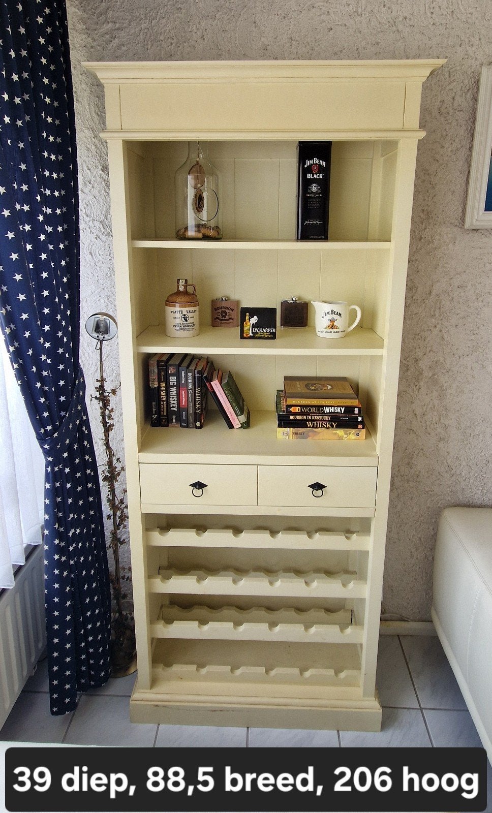 Wandkast voor wijnflessen en boeken, Ophalen, Gebruikt, 50 tot 100 cm, Landelijk