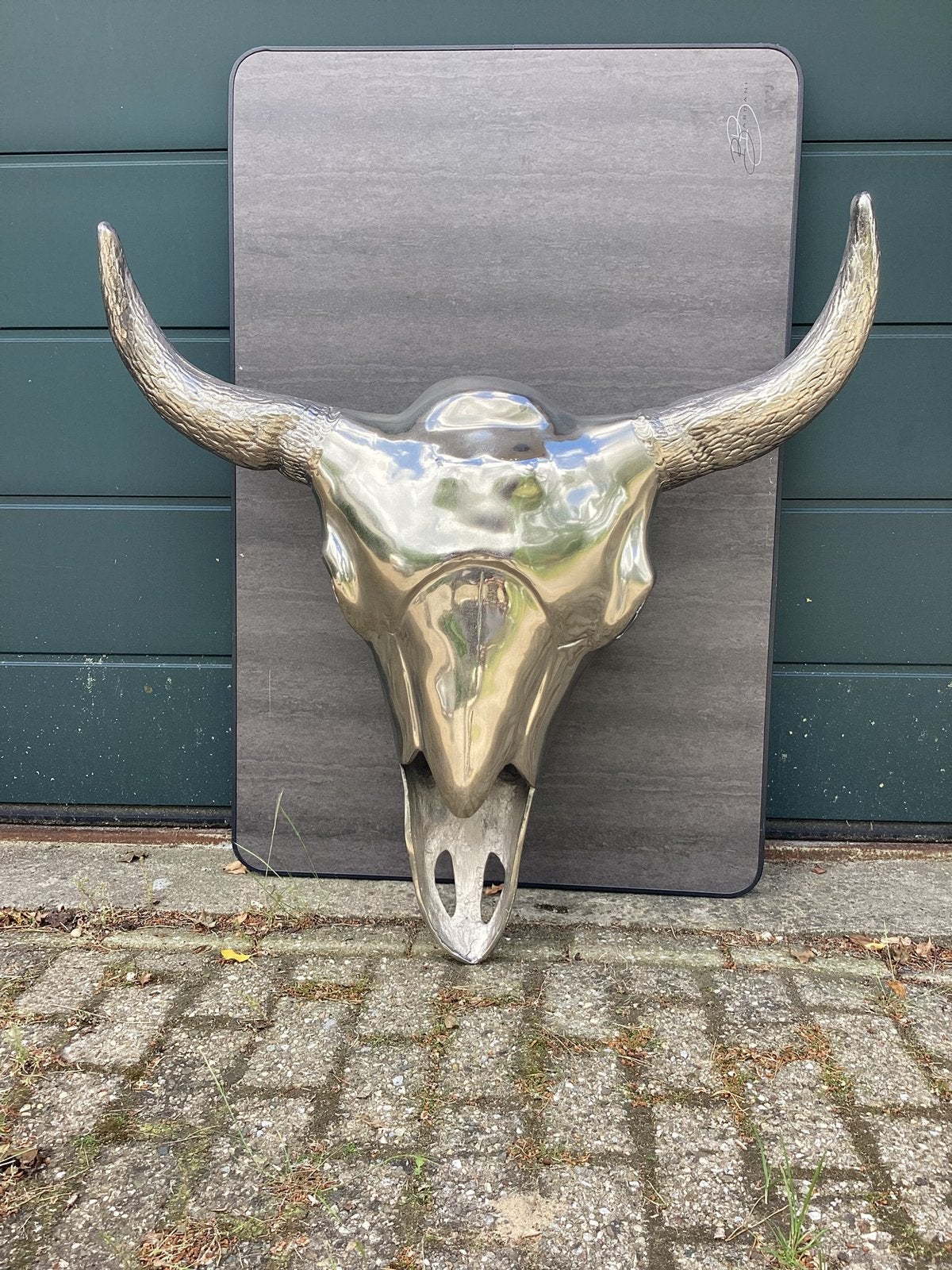 Mooie Grote Buffel Schedel, Ophalen, Metaal, Wandsculptuur, Zilver