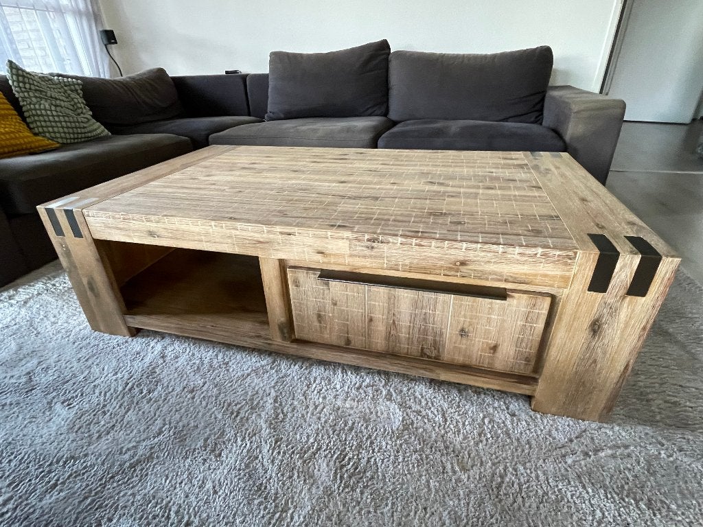 Bassano salontafel - Acaciahout light grey wash, Huis en Inrichting, Tafels | Salontafels, Ophalen, 100 tot 150 cm, 50 tot 100 cm