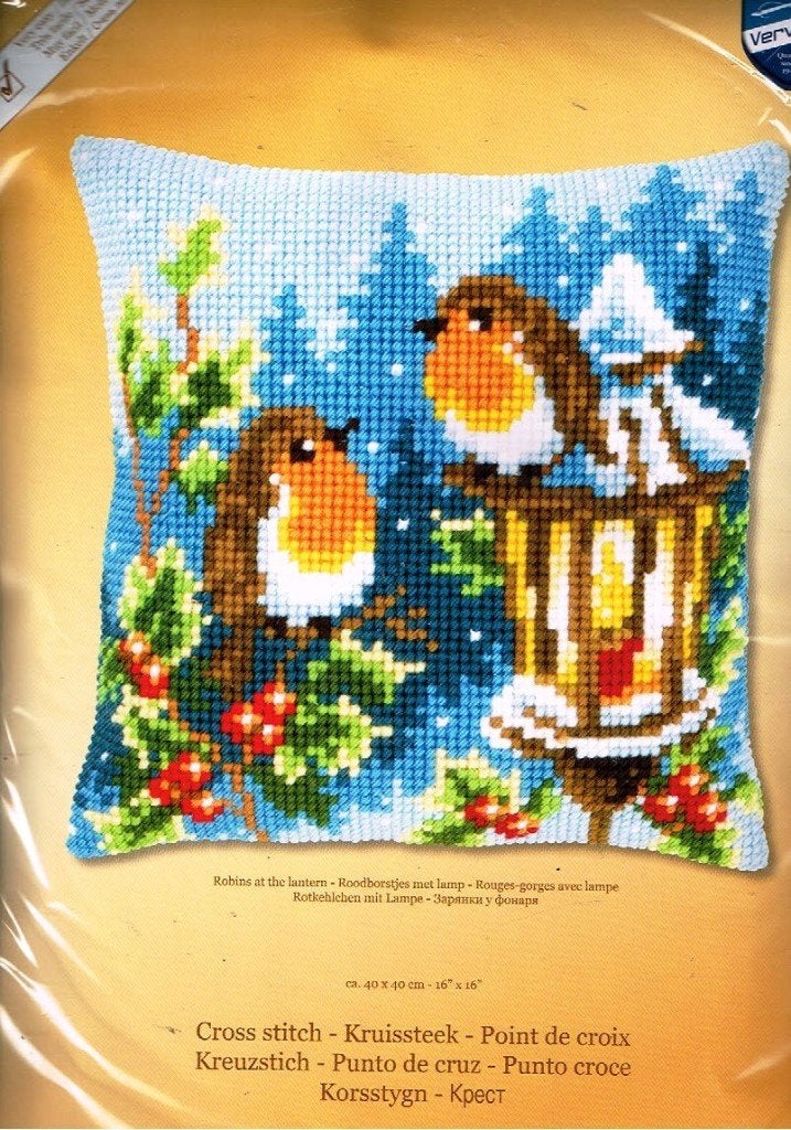 Cado vervaco borduurpakket kussen ROODBORSTJES BIJ LAMP, Ophalen of Verzenden, Nieuw, Handborduren, Borduurpakket