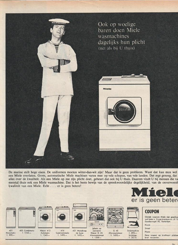 Retro reclame 1966 Miele wasmachine matroos woelige baren, Verzamelen, Retro, Verzenden, Overige typen