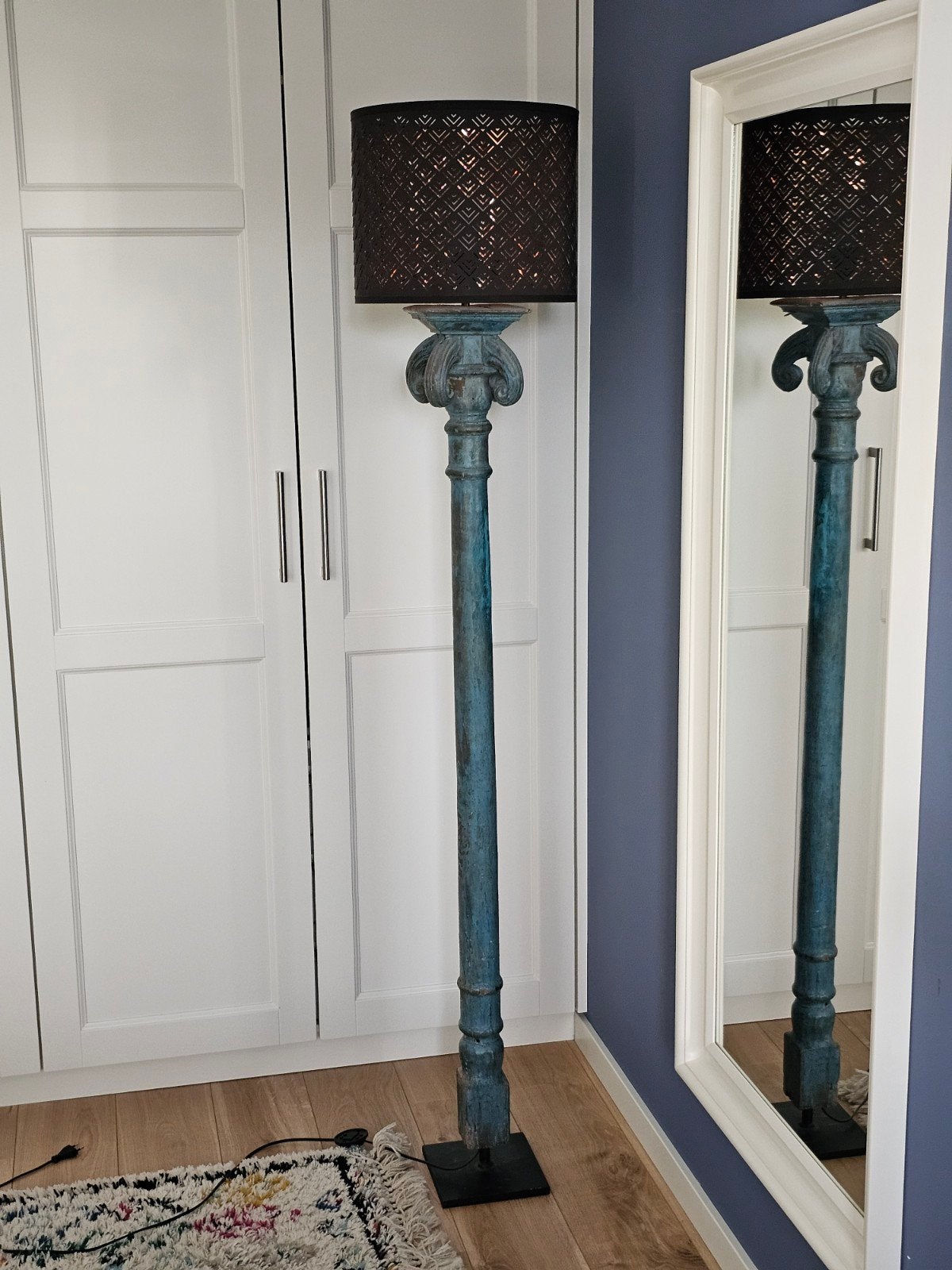 Unieke blauwe houten vloerlamp, 190 cm hoog, Ophalen, Gebruikt, Bohemian, Industrieel, Vintage, 150 tot 200 cm