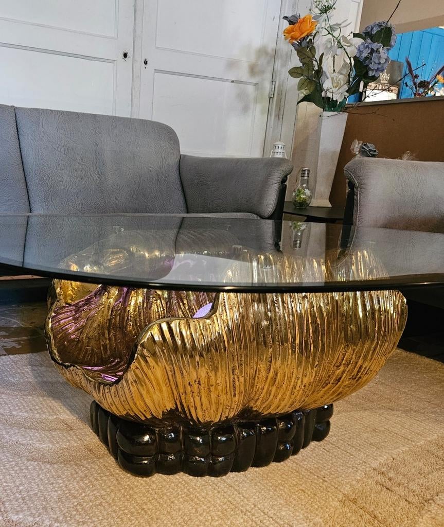 Salontafel op Messing Poot met Glazen Plaat, Huis en Inrichting, Tafels | Salontafels, Ophalen, Gebruikt, 100 tot 150 cm, Onbekend