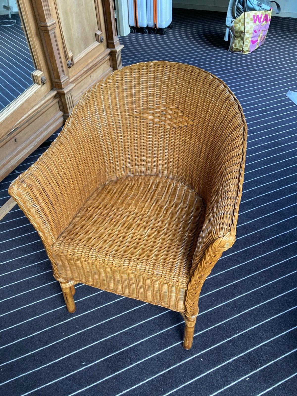 Rotan fauteuil, rieten stoel, vintage, Huis en Inrichting, Ophalen, Gebruikt, Bruin, Riet of Rotan