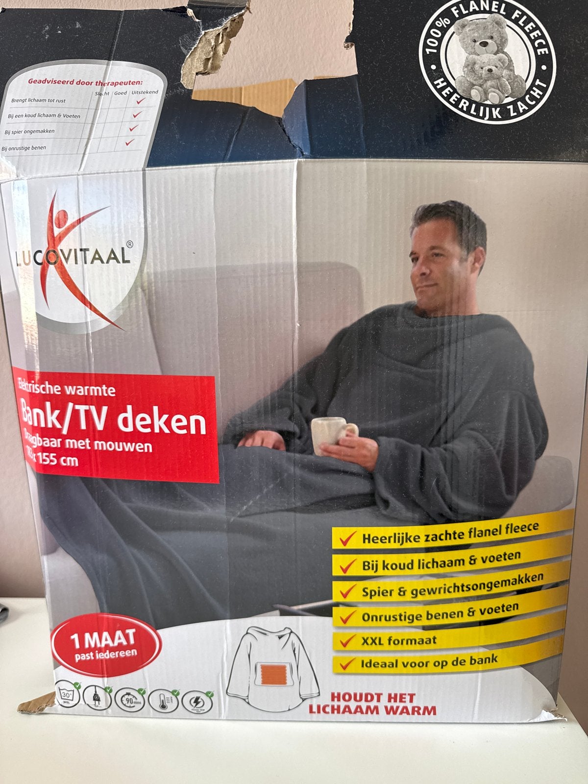 Lucovitaal Elektrische Warmte Bank/TV Deken met Mouwen, Ophalen, Zo goed als nieuw, Grijs, Textiel