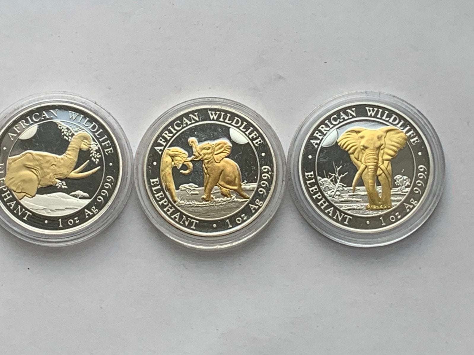 3 somalische olifanten 1 oz met goudlaagje 2023, 2024, 2025, Postzegels en Munten, Munten | Afrika, Ophalen of Verzenden, Overige landen