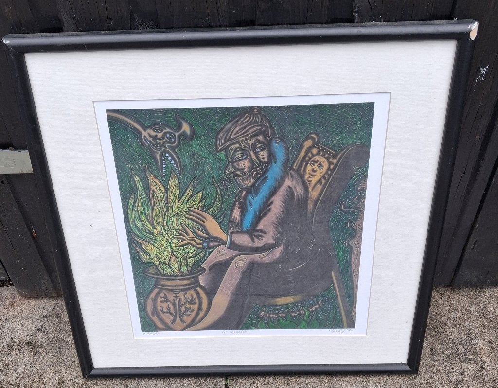 Pjeroo Roobjee (1945- ), kleurenlitho "de verteller", Met glas, Ophalen of Verzenden, Personages en Fantasiefiguren, Lithografie