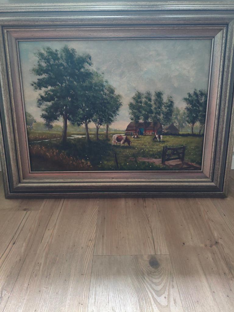 Schilderij Hollands Landschap met Koeien en Boerderij, Ophalen