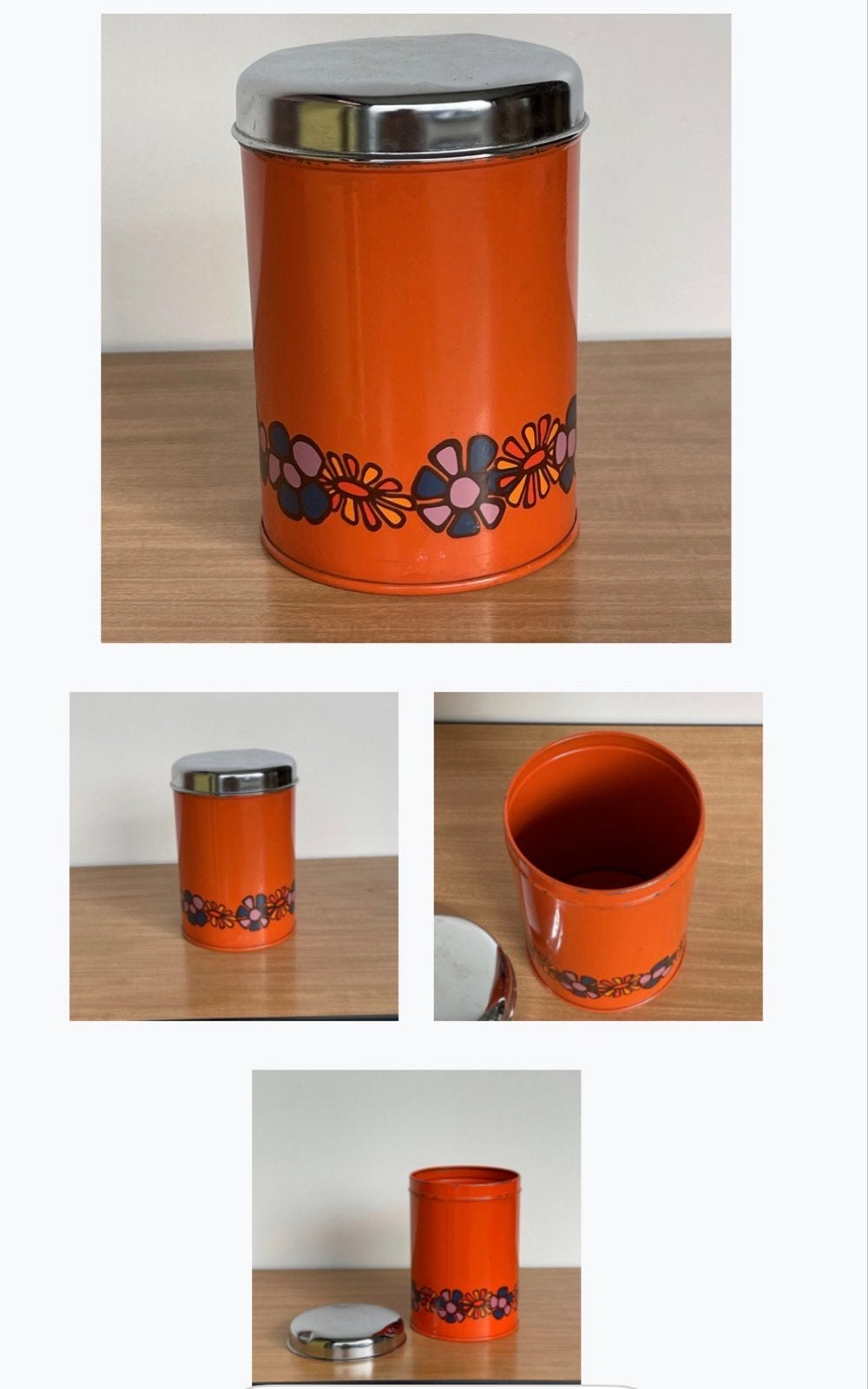 Diane 2 stuks Brabantia vintage blik oranje bloemetjesprint, Verzamelen, Ophalen of Verzenden, Gebruikt, Overige, Overige merken