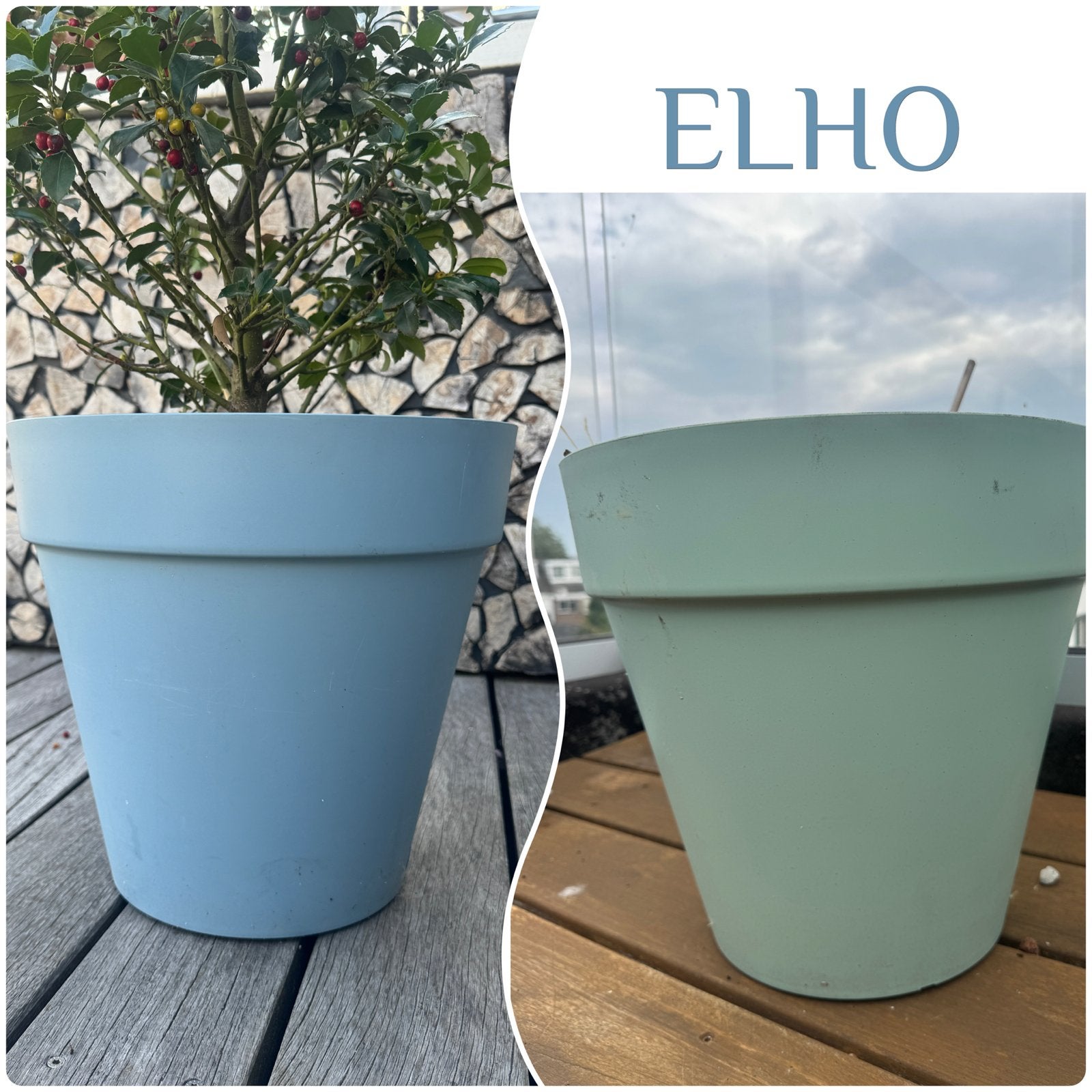 2x Elho round bloempot in blauwe en mintgroene tint, Kunststof, Gebruikt, Rond, Minder dan 40 cm